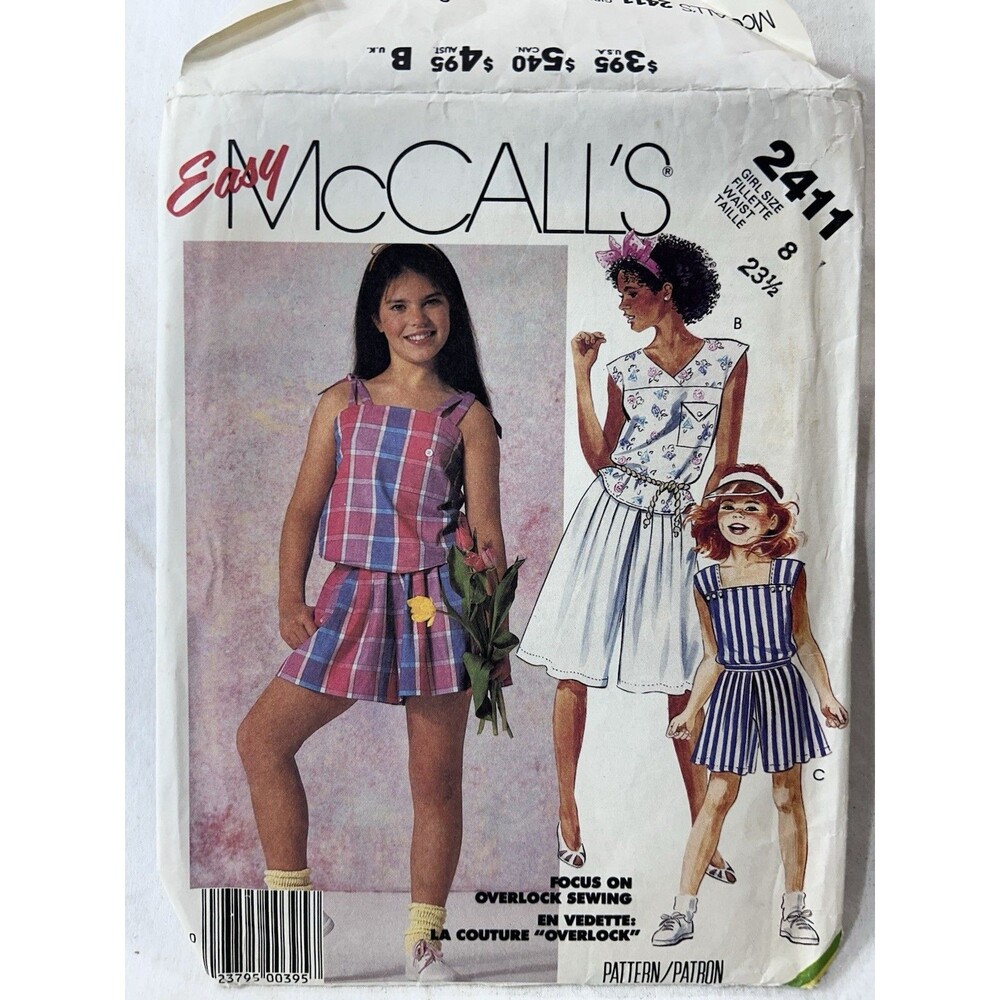 Vintage 1980s McCall's 2411 Girls Top Culottes Shorts Pattern Sz 8 CUT